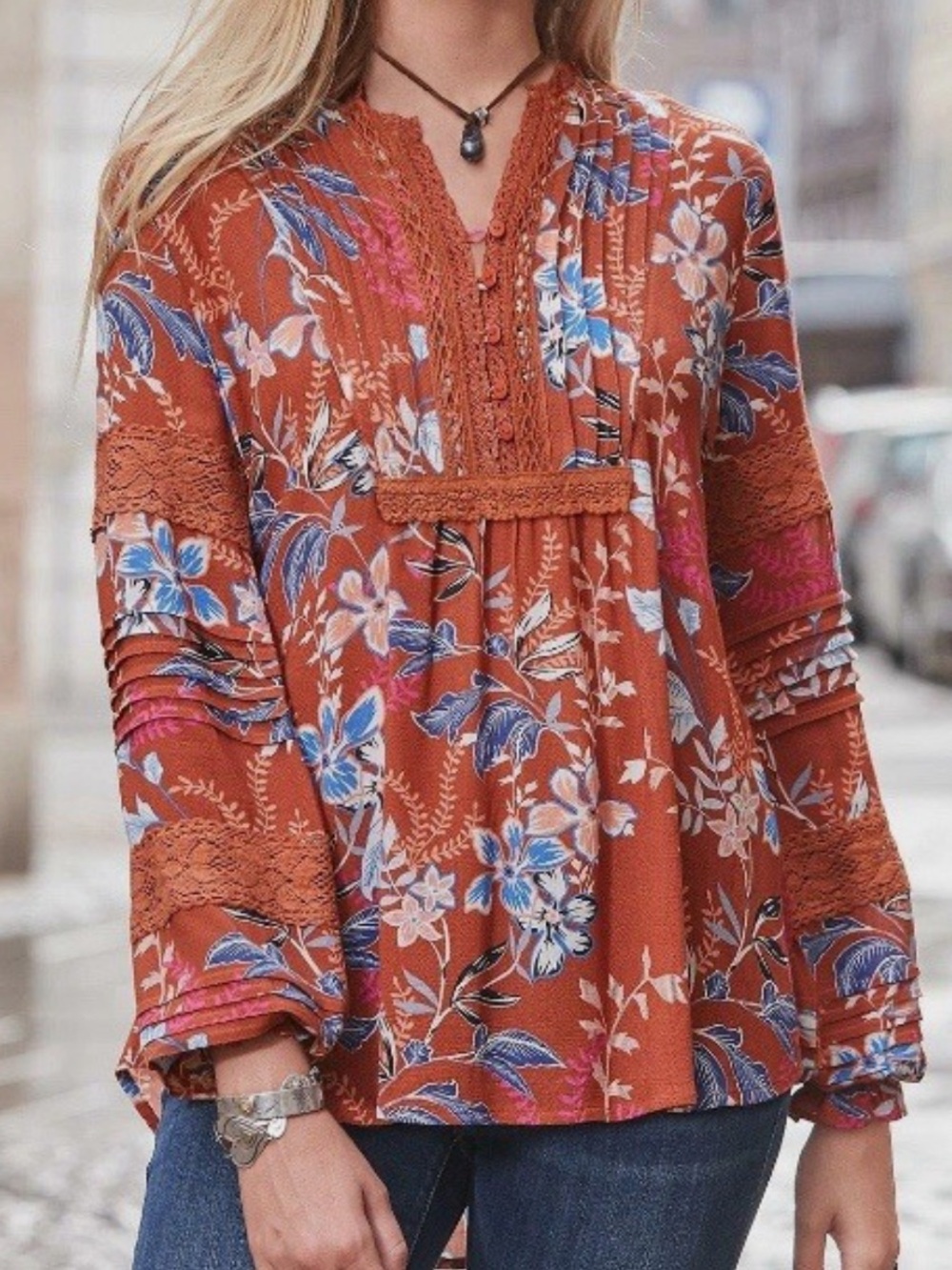 Sundance Boho Floral Spirit Blouse with  Lace-Trim Peasant Top - Rust ~ Large